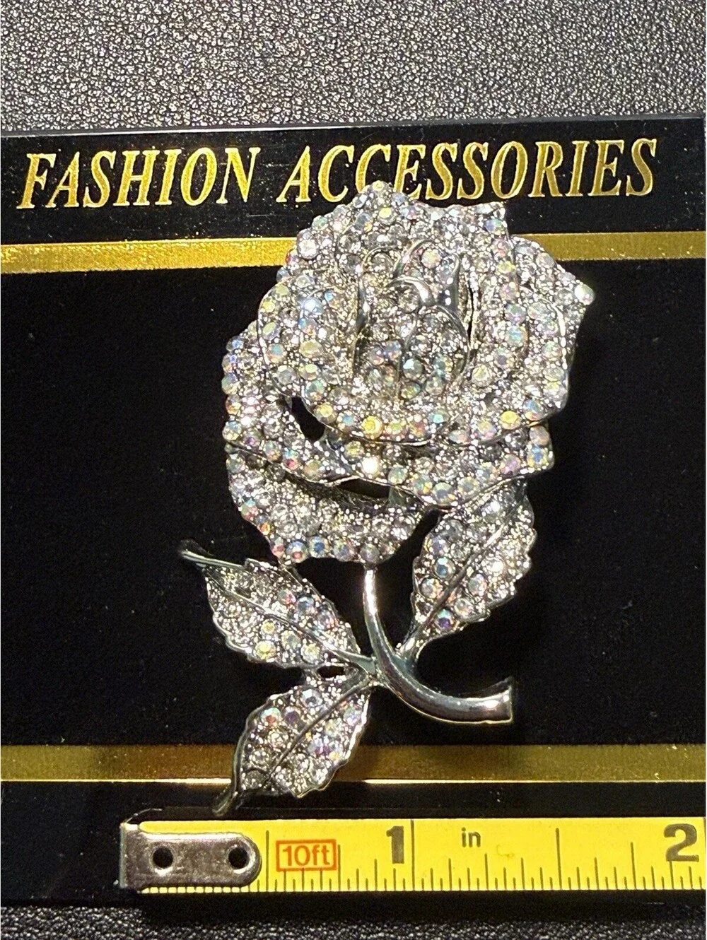 NEW Vintage 2000s Rose Brooch Crystal AB Silver Tone, 1.5x2.5”